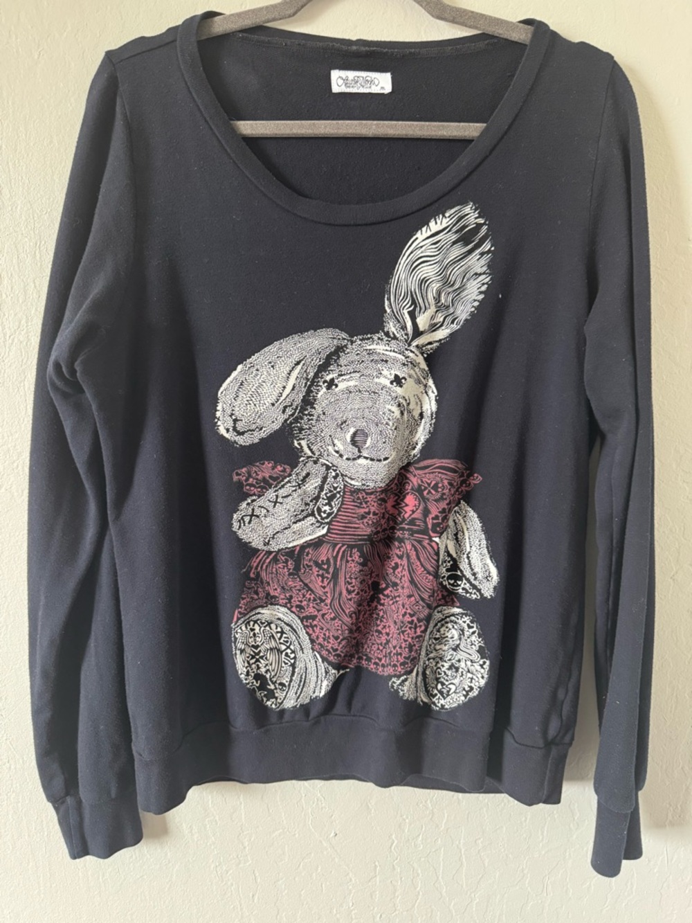 Lauren Moshi Black Crewneck Sweatshirt  with Pink Bunny Rabbit Teddy Graphic